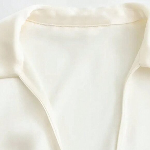 White Casual Women's Solid Color Style Silk-Like Satin Shirt With Rope Detailing - Picture 4 of 7